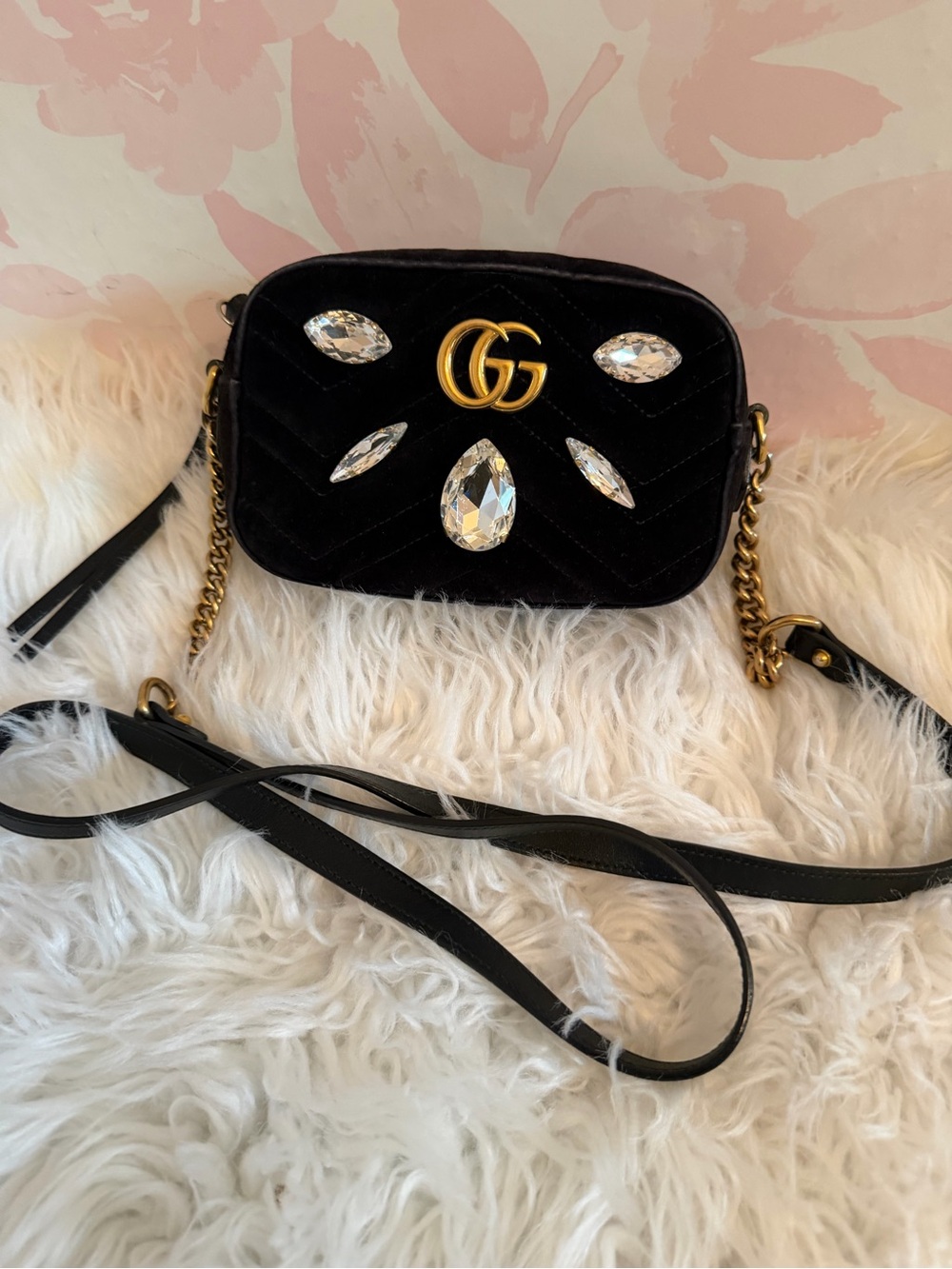Gucci Black Velvet Crystal-Embellished GG Crossbody